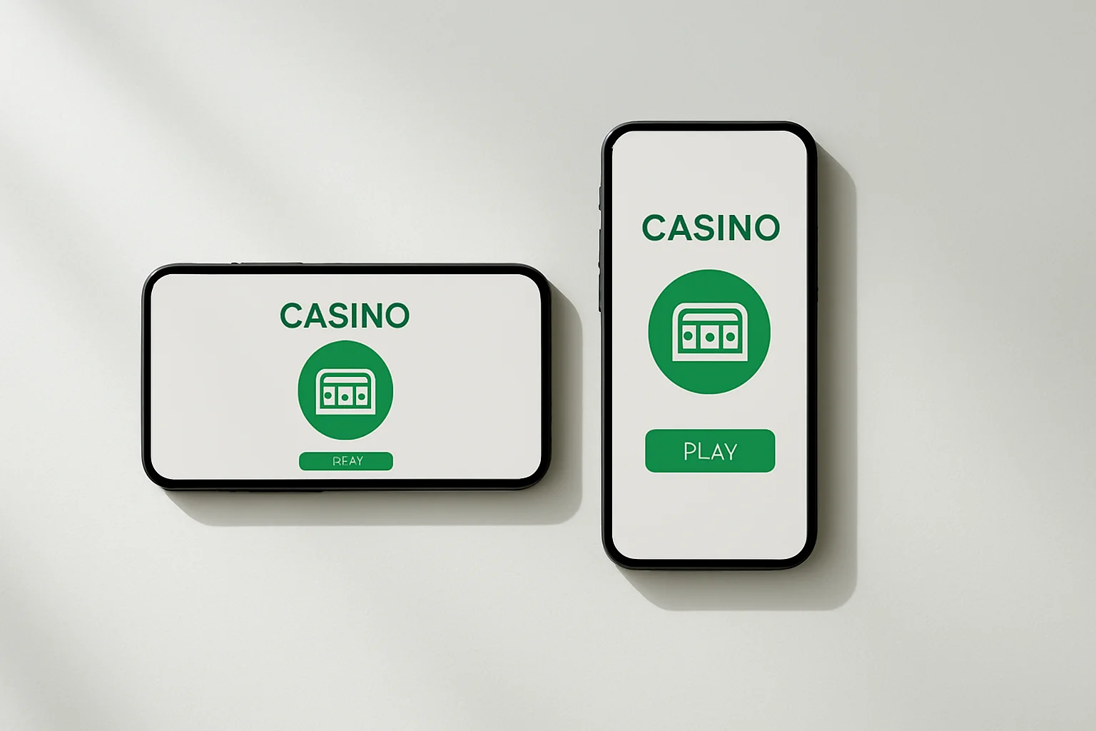 Two smartphones displaying a clean light casino app on white surface