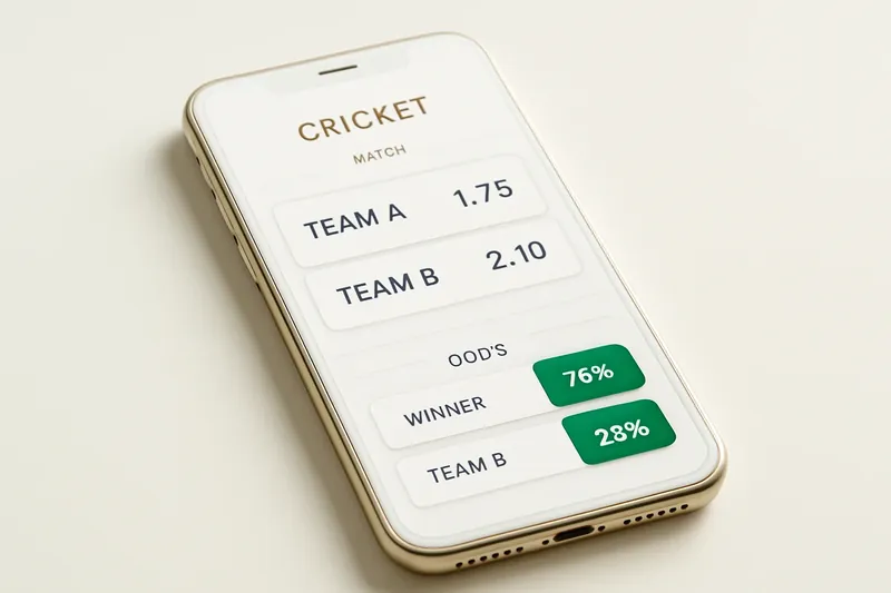 Phone screen showing cricket match betting odds in modern white and gold UI