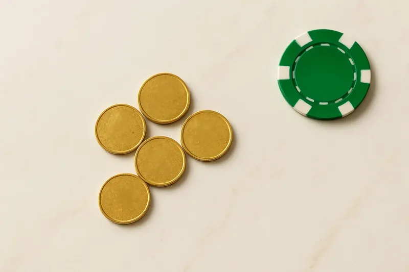 Five gold coins on cream marble with poker chip edge