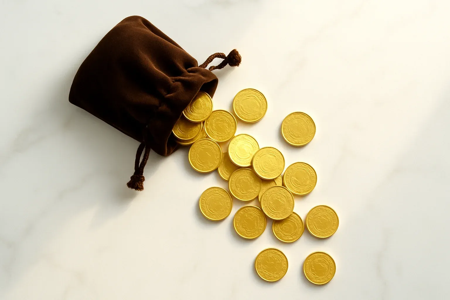 Golden coins spilling from a velvet pouch on white marble