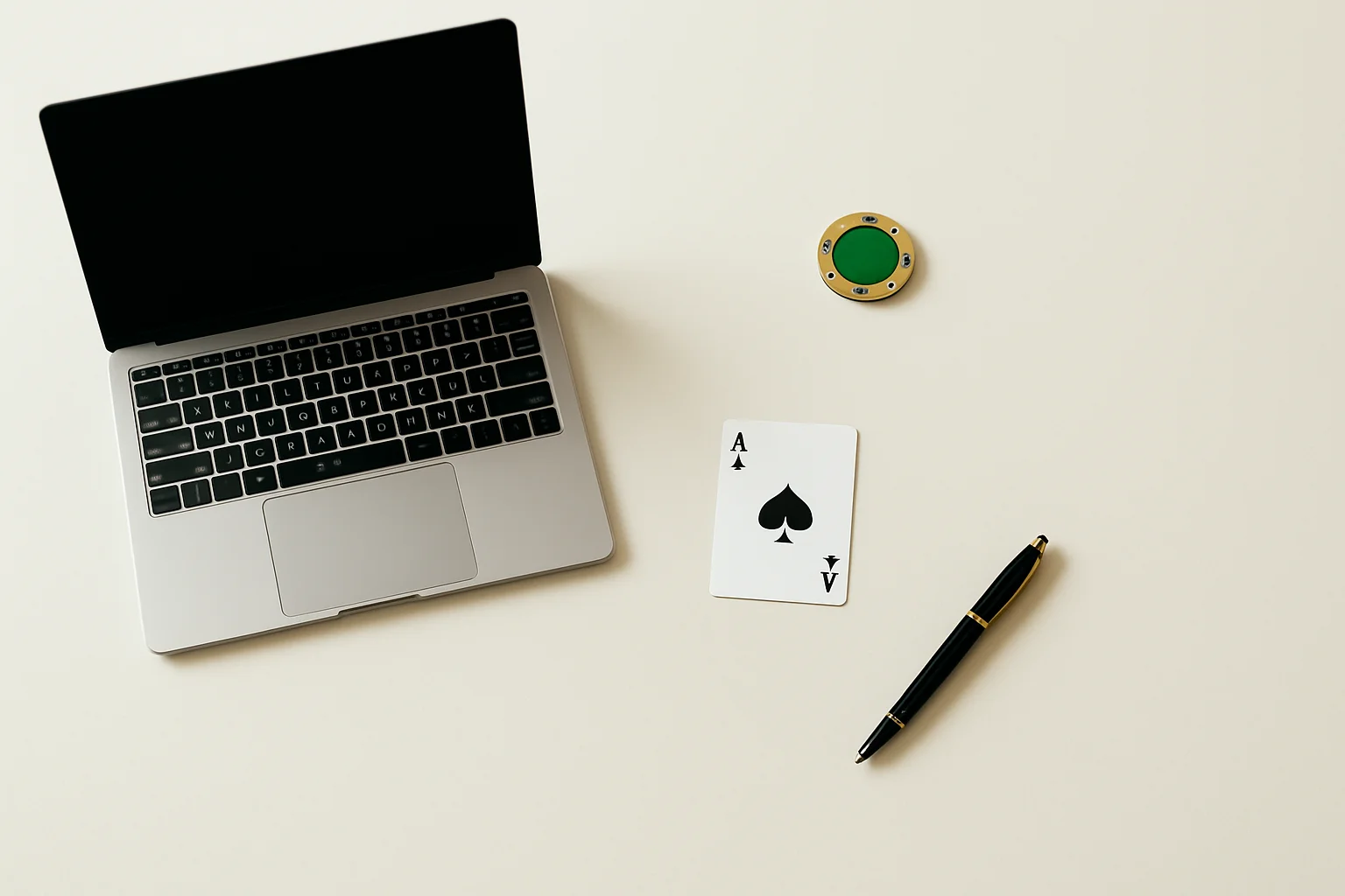 Casino Desk Flatlay Overhead glass desk with laptop, casino chip, ace card, and pen