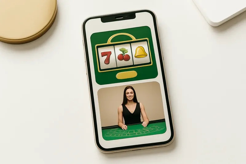 Mobile phone showing casino app with slots and live casino games