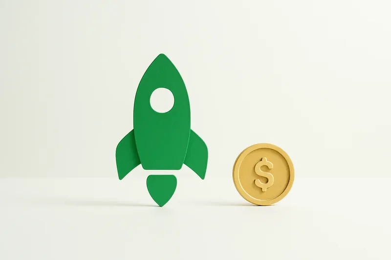 Minimalist rocket icon with gold coin on white background