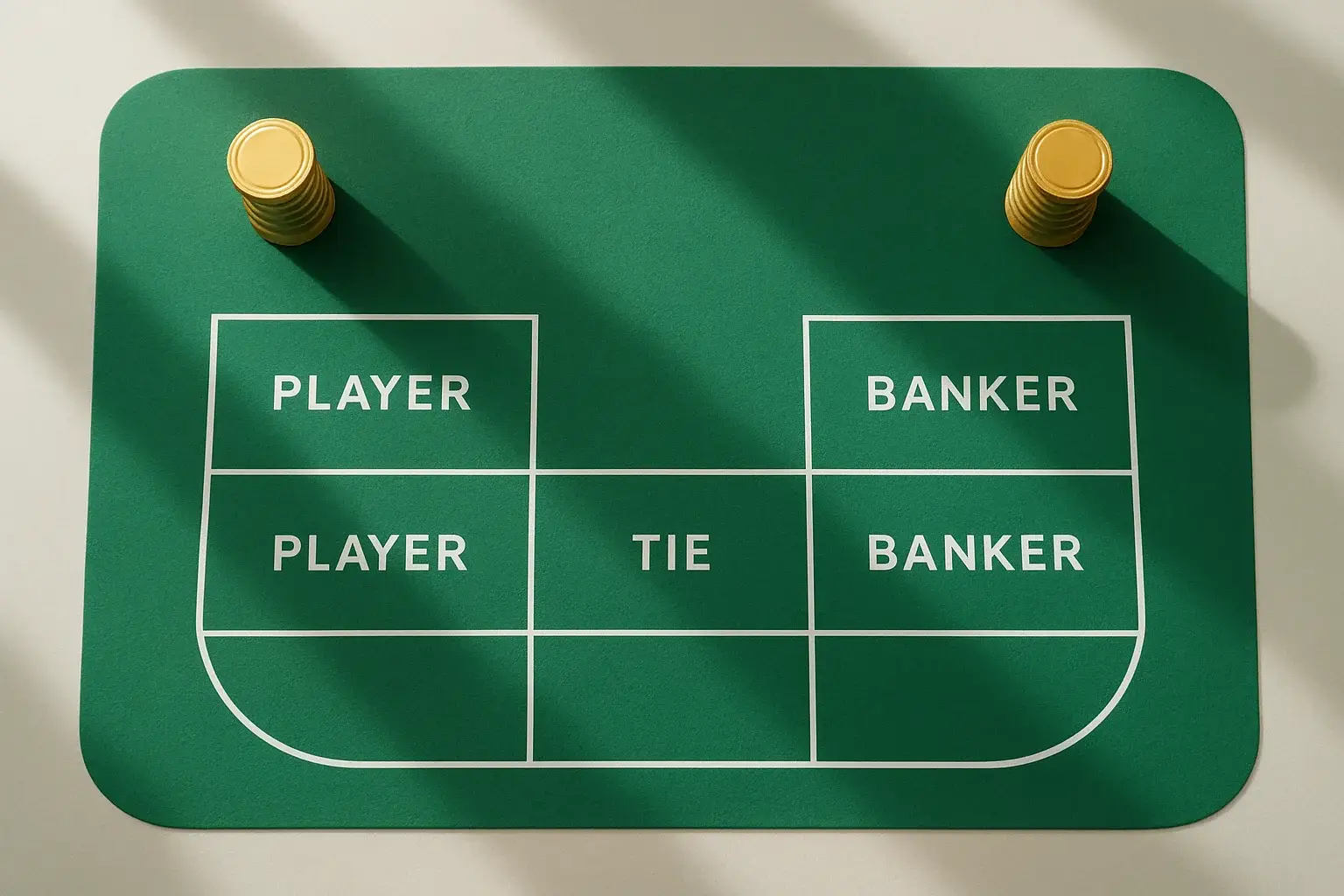Overhead live baccarat table with gold chip towers and geometric shadows