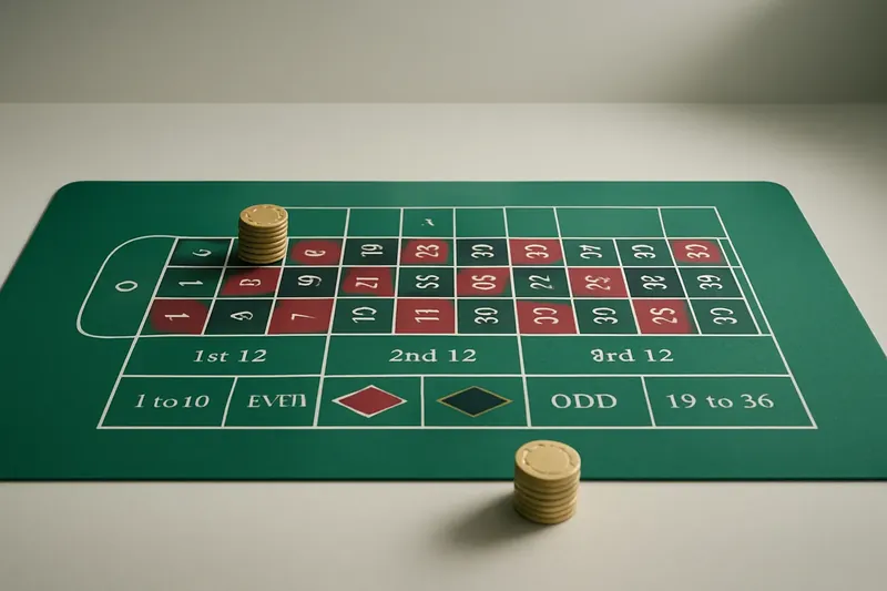 Top-down roulette table layout with gold chip stacks on green felt