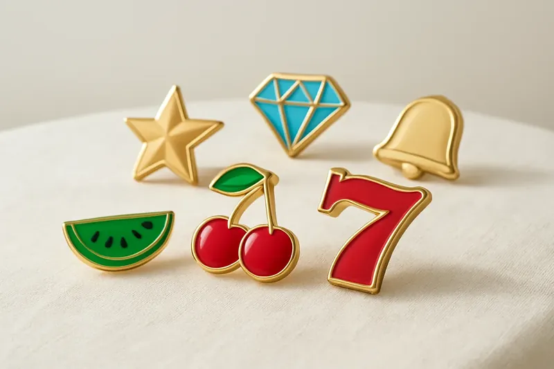 Assorted casino slot icons with fruit, diamonds, lucky sevens, and stars